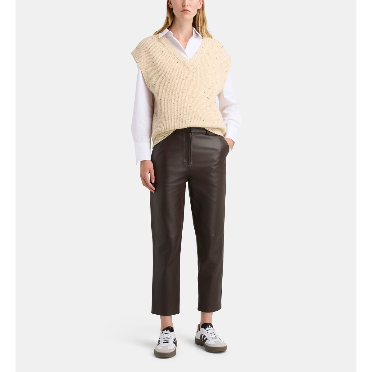 Pantalon droit diego en cuir marron chocolat, GALERIES LAFAYETTE