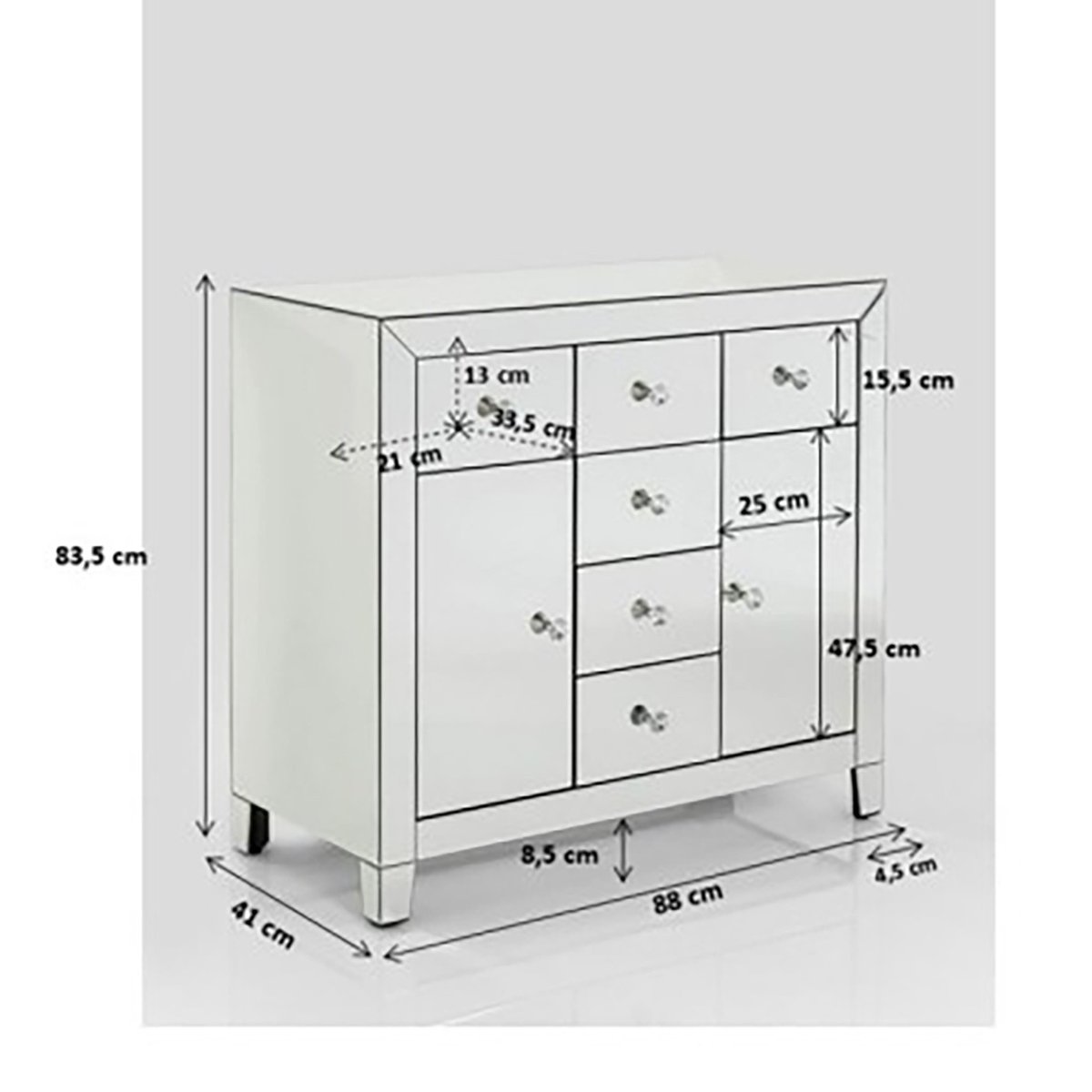 Commode 2 portes 6 tiroirs en verre miroir, LUXURY argent, KARE DESIGN