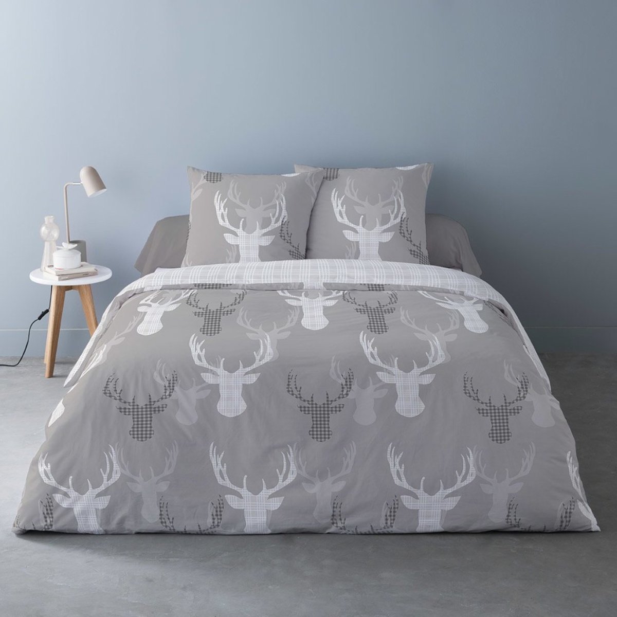 Housse de couette flanelle 100% coton + 2 taies d’oreiller gris, DECORATIE