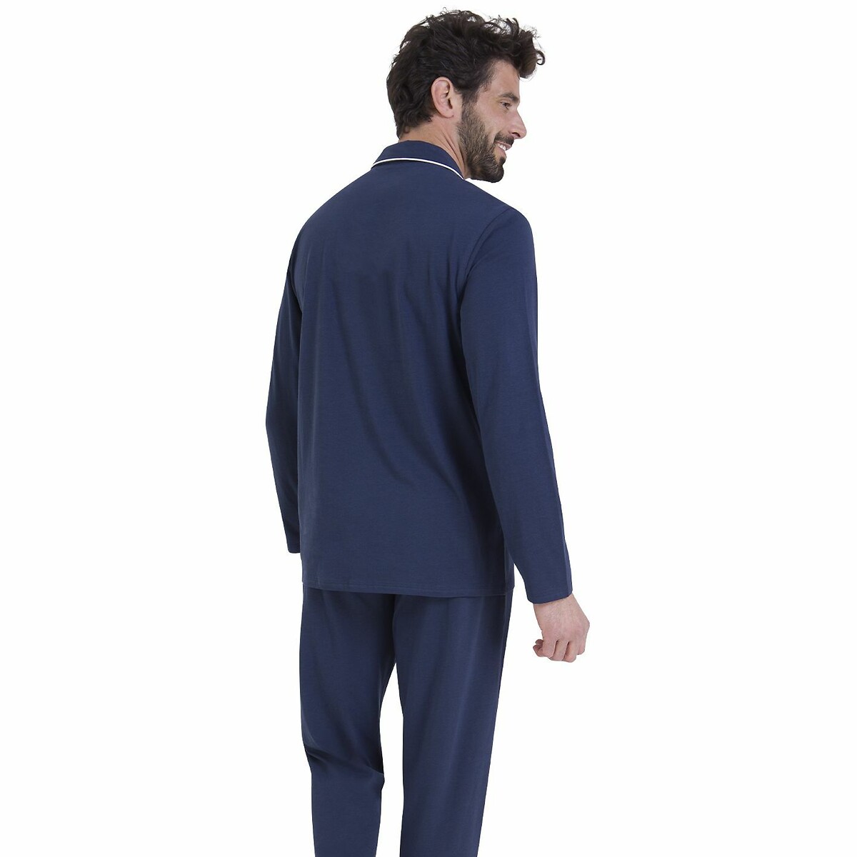 Pyjama long en coton, col chemise bleu + bleu marine, ATHENA