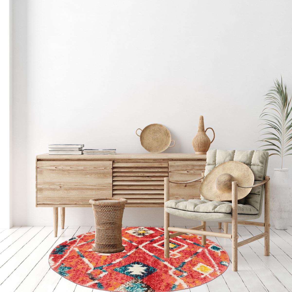 Tapis berbère tissé motifs tribaux LYN5 OURIKA B bleu, jaune, rose, orange, blanc, UN AMOUR DE TAPIS
