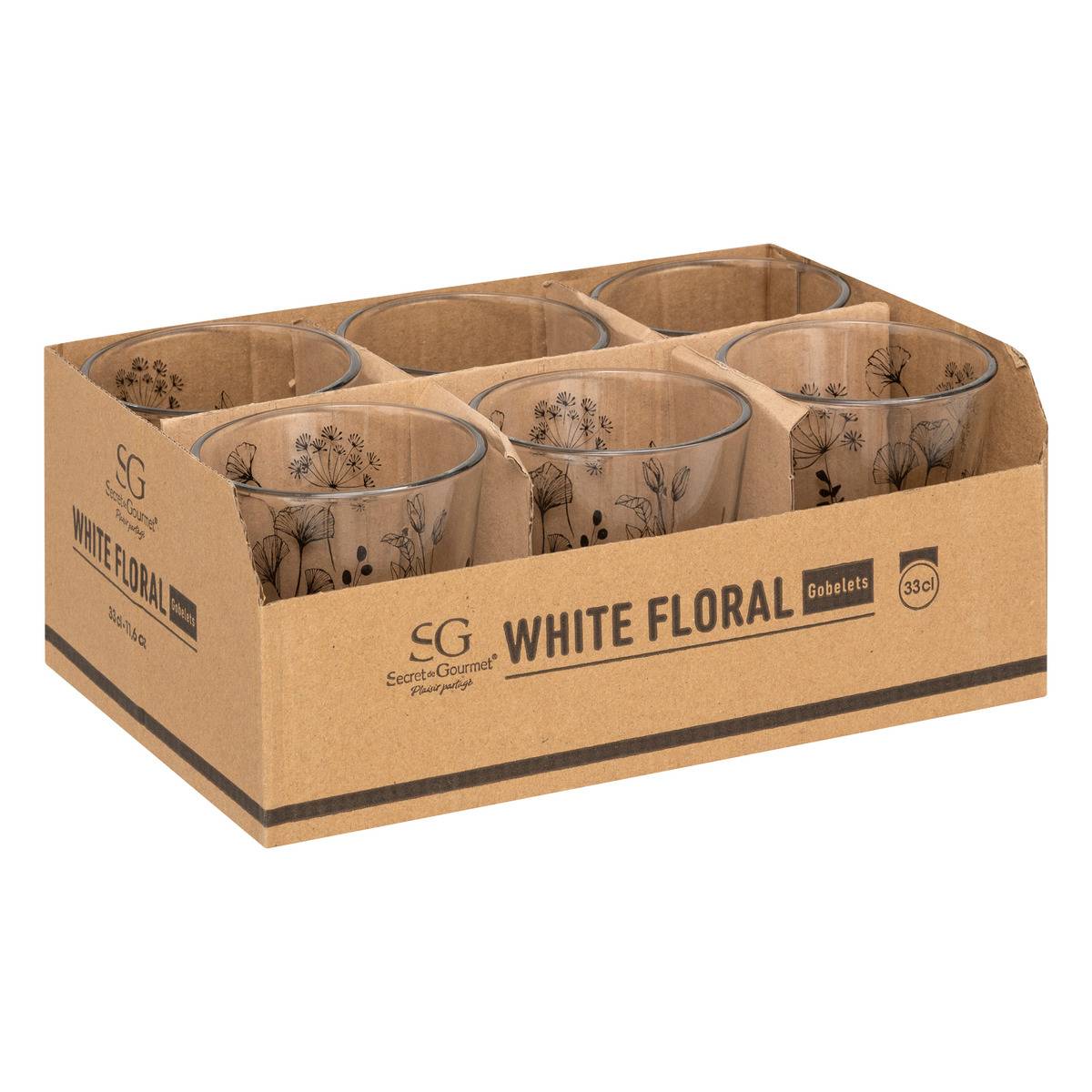 Lot de 6 verres bas en verre WHITE FLORAL transparent, SECRET DE GOURMET