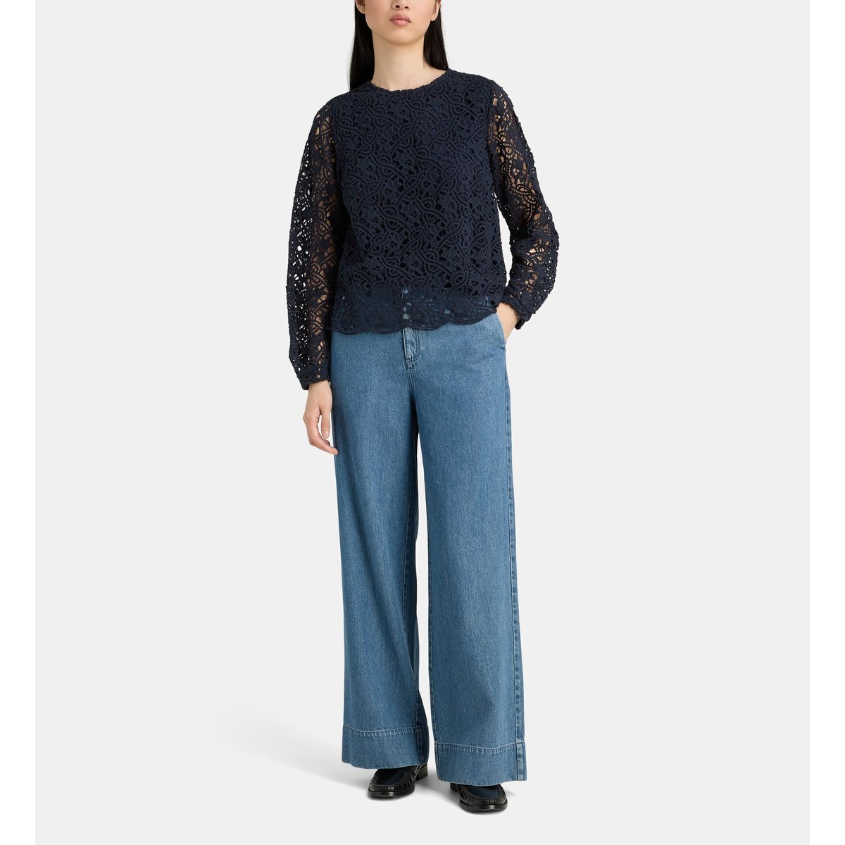 Top ostoya maille ajourée crochet coton bio bleu marine, JODHPUR