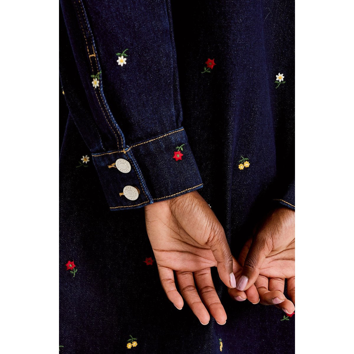 Robe courte évasée en jean brodée bleu marine, CACHE CACHE