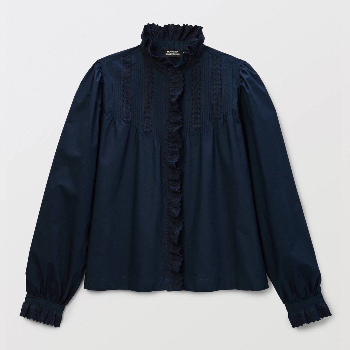 Chemise manches longues brodée en coton marine, MONOPRIX