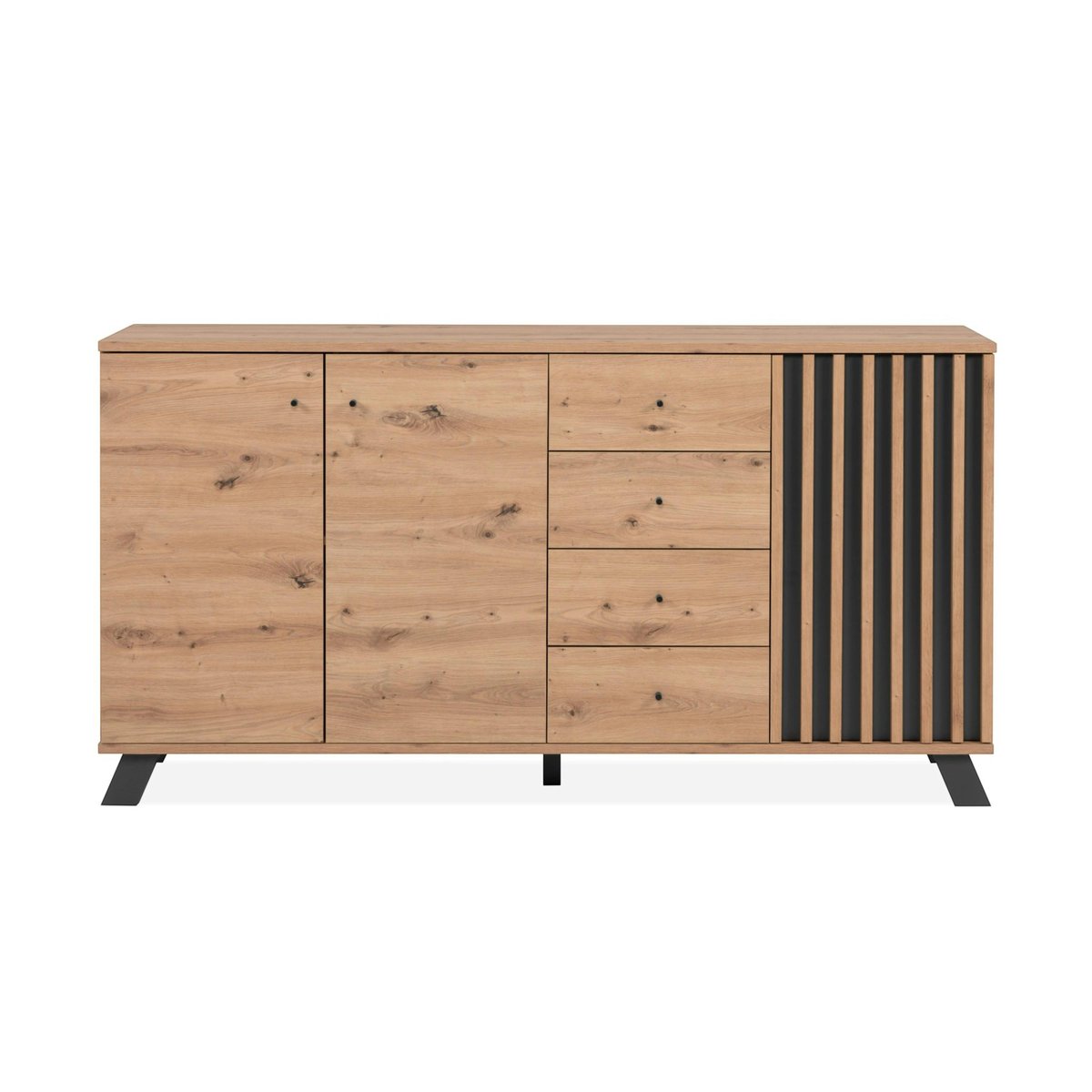 Buffet long moderne 1 porte noire rainurée 160 cm ALVA bois naturel, PIER IMPORT