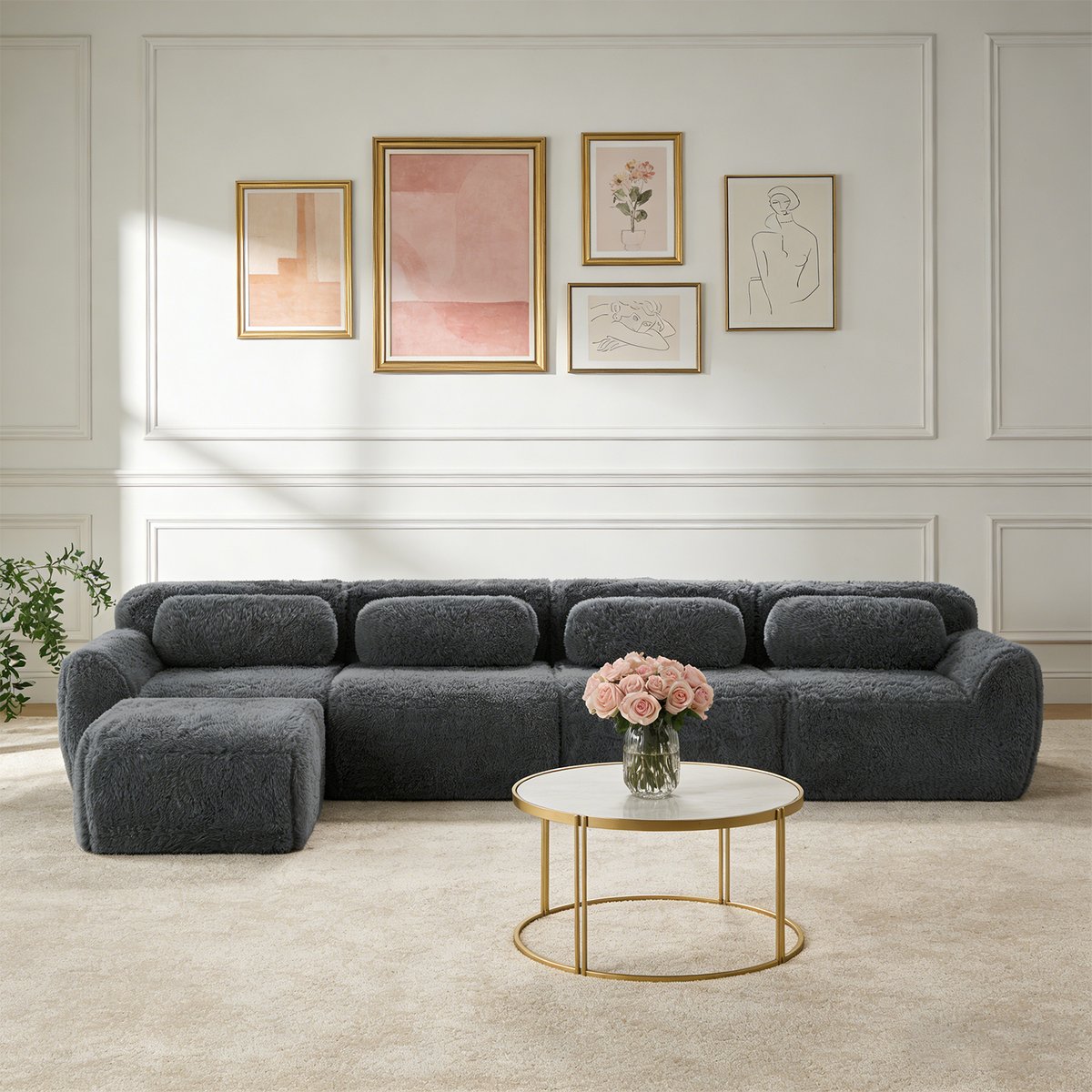 Canapé d'angle réversible 4 places avec pouf, WIND gris charbon, MEUBLES COSY