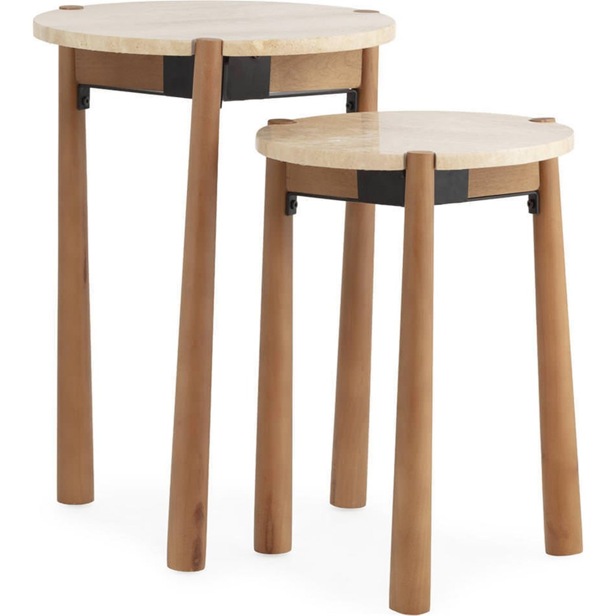 Table d'appoint ronde travertin et bouleau naturel et noir, RECOLLECTION