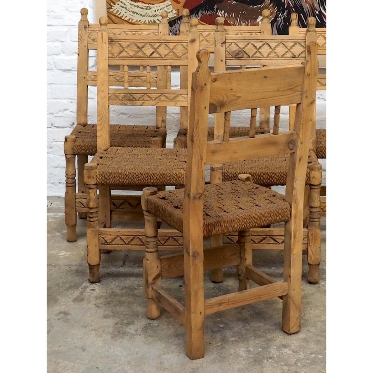 Lot de 8 chaises en pin et corde Alma N°1212 - Bon état bois clair, DEBONGOUT