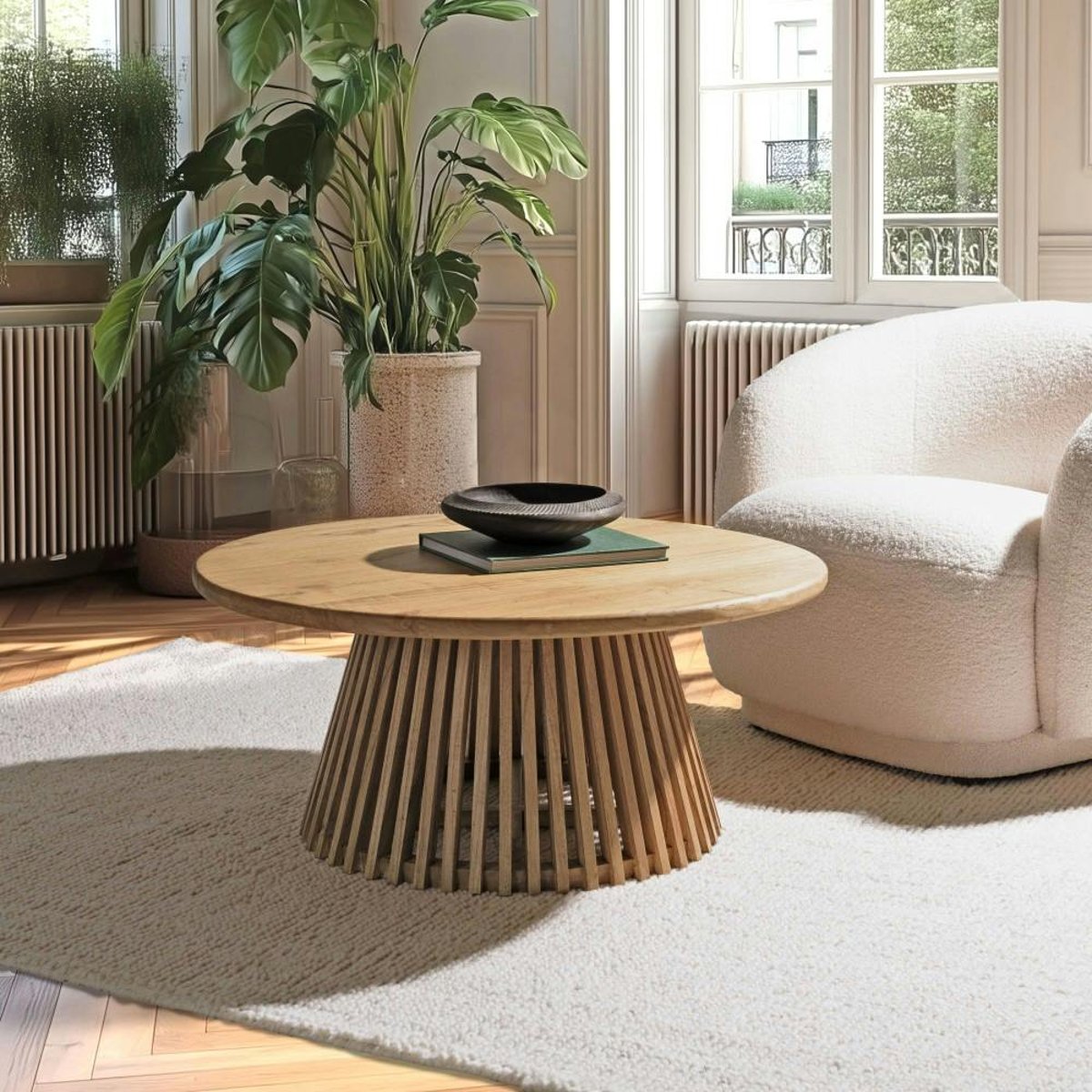 Table basse ronde 90cm en bois de mindi TIVARO bois naturel, PIER IMPORT