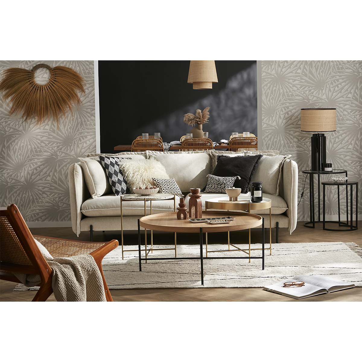 Table basse ronde bois clair et métal noir D90 cm BASSY frêne, MILIBOO