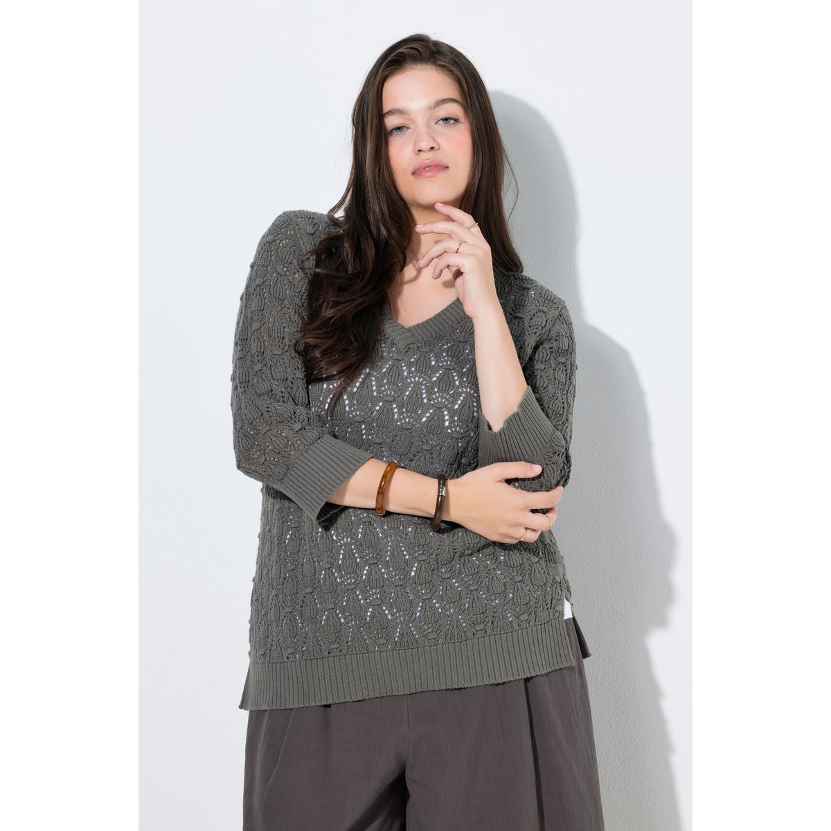 Pull en coton bio, maille épaisse avec motif gris foncé, ULLA POPKEN