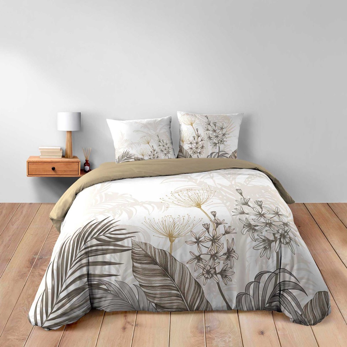 Parure de lit 3 pièces coton motif feuillage floral housse + 2 taies blanc, DOUCEUR D'INTÉRIEUR