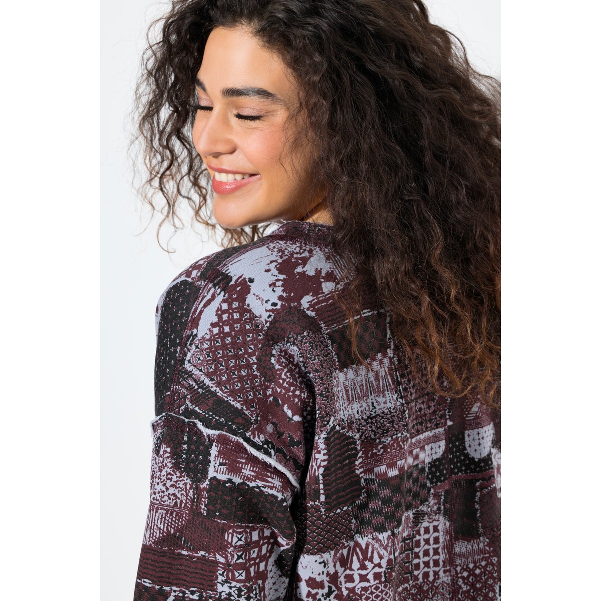 Sweat-shirt col en V et manches longues prune, ULLA POPKEN