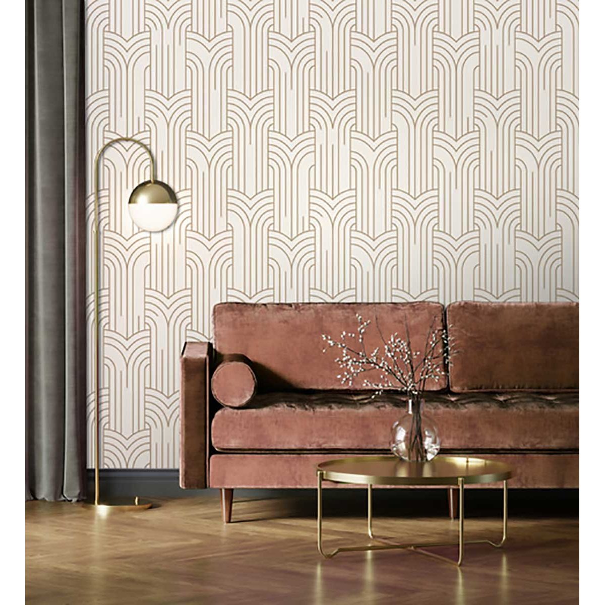 Papier peint géométrique Art Déco blanc et or beige, HEXOA