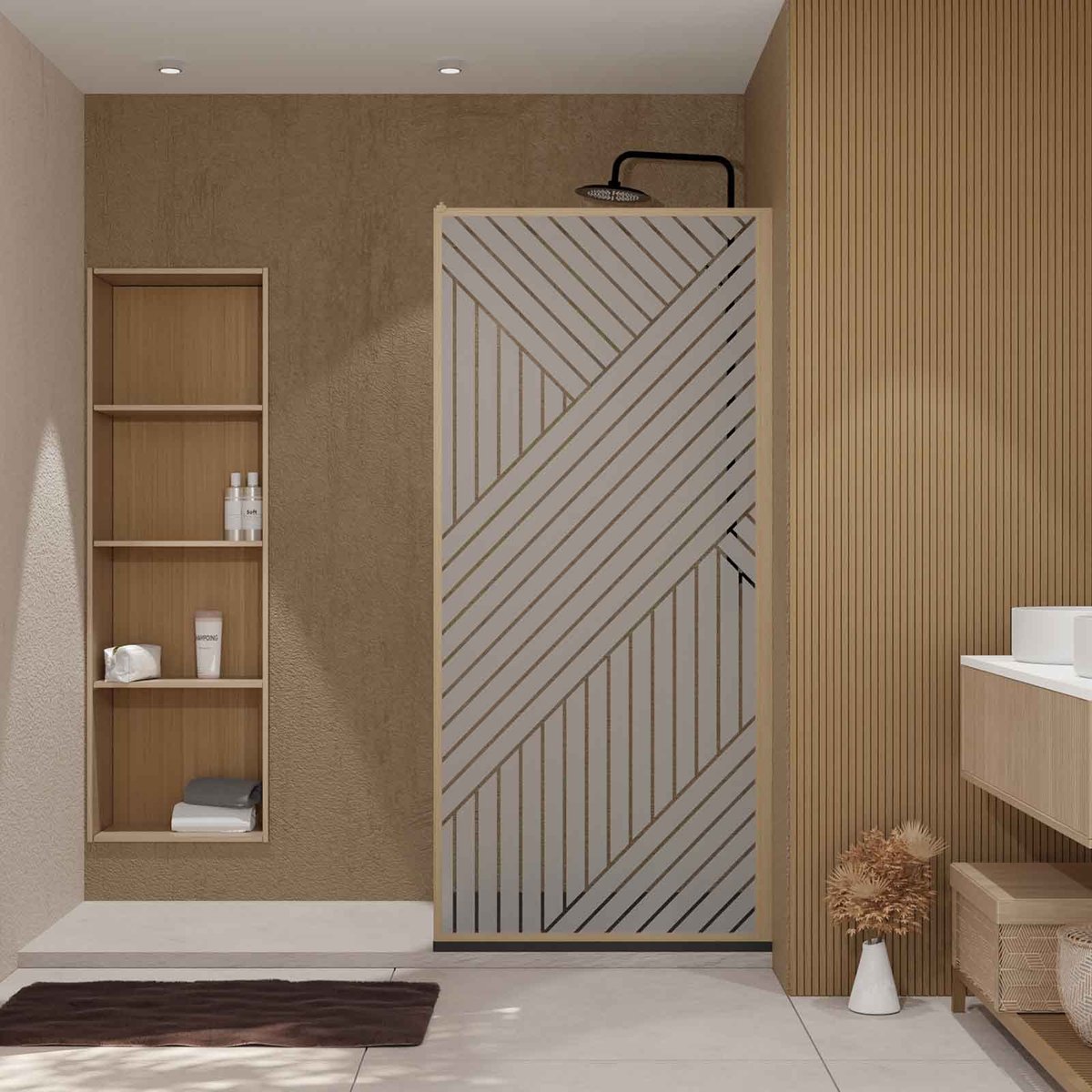 Paroi de douche en verre sérigraphié style Japandi motif géométrique marron clair, HOME MAISON