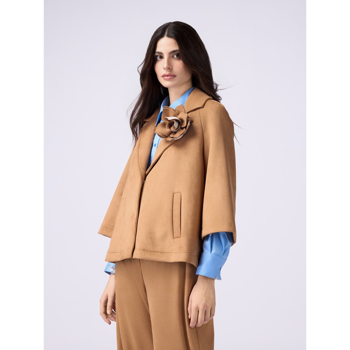 Suede effect peacoat with brooch beige, OLTRE