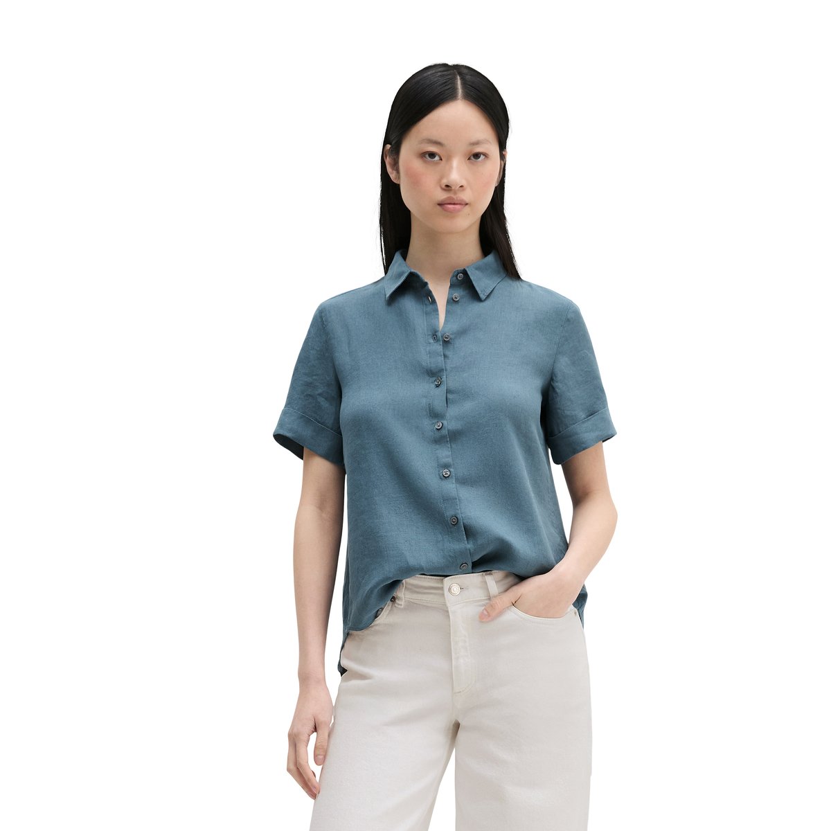 Blouse en lin à manches courtes regular avec de larges plis dans le dos bleu moyen, MARC O'POLO