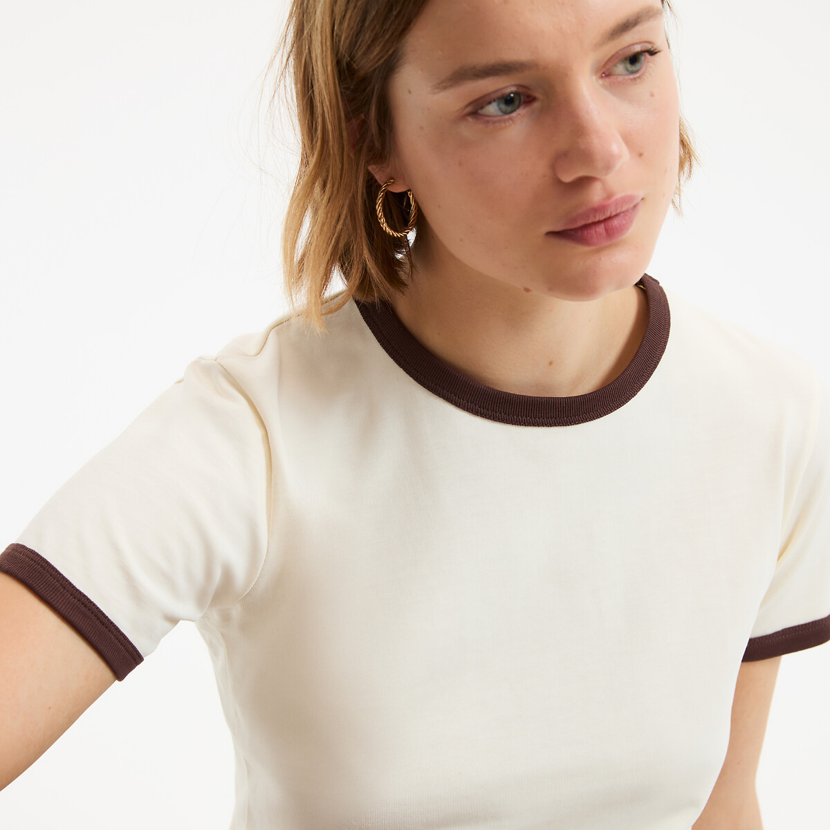Camiseta de manga corta y cuello redondo con ribete en contraste crudo, LA REDOUTE COLLECTIONS