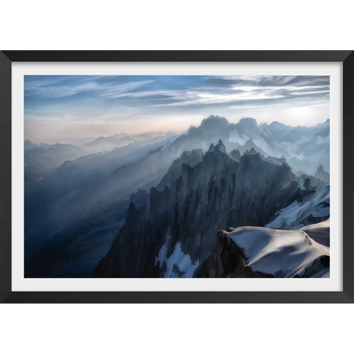 Affiche Un matin à l'Aiguille du Midi affiche + cadre en bois - noir, HEXOA