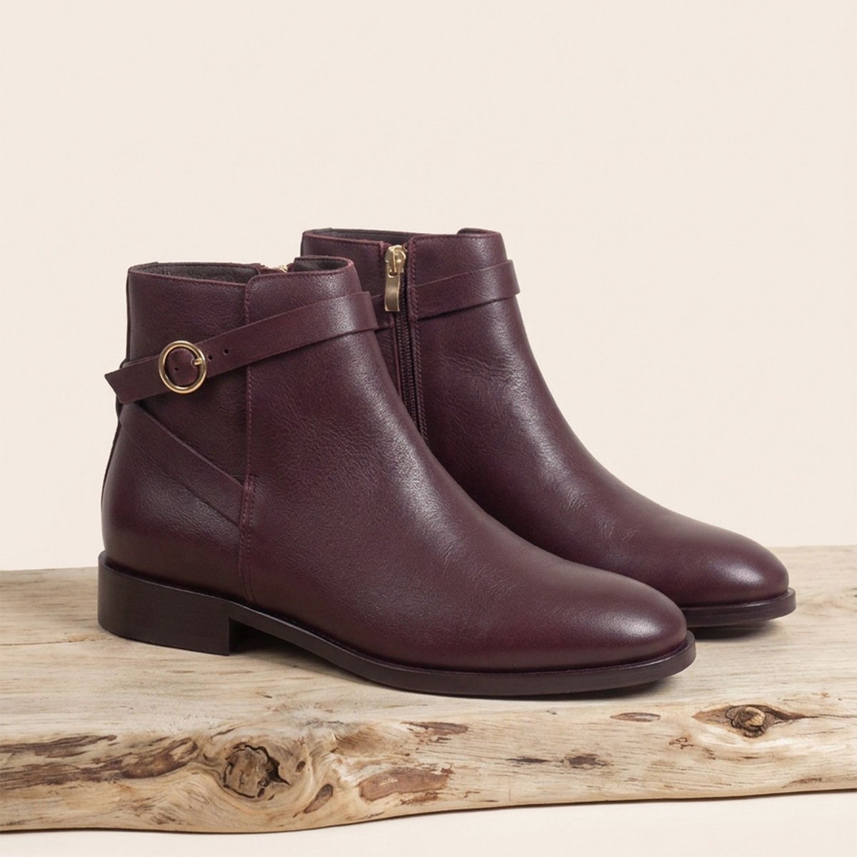 Bottines cavalières plates cuir lisse bordeaux, JULES & JENN