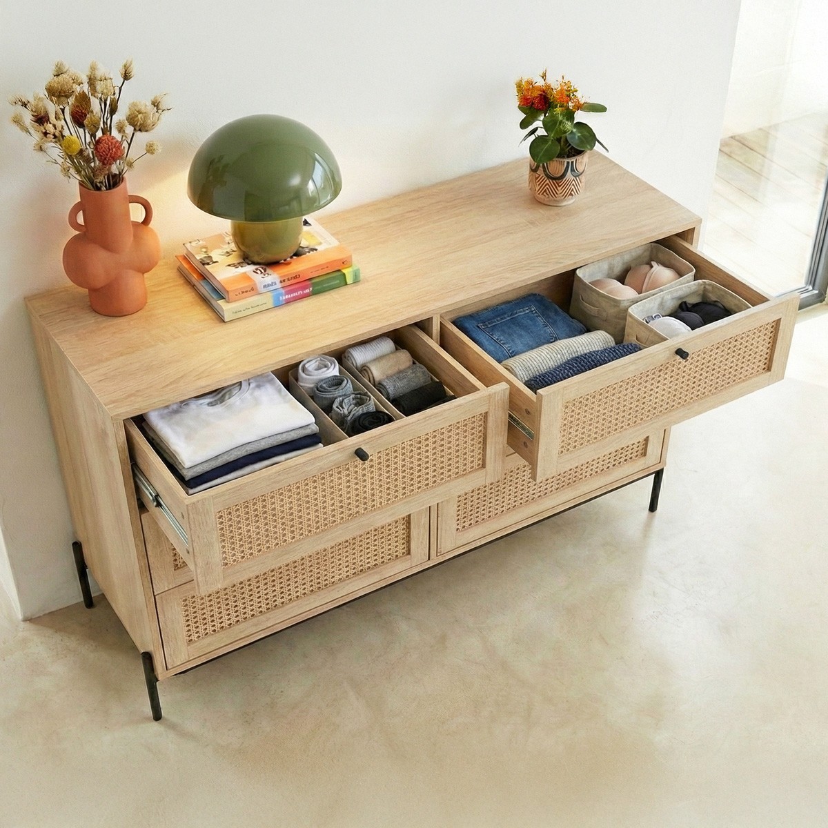Commode 6 tiroirs en cannage et effet chêne - IRIS naturel, HOMIFAB