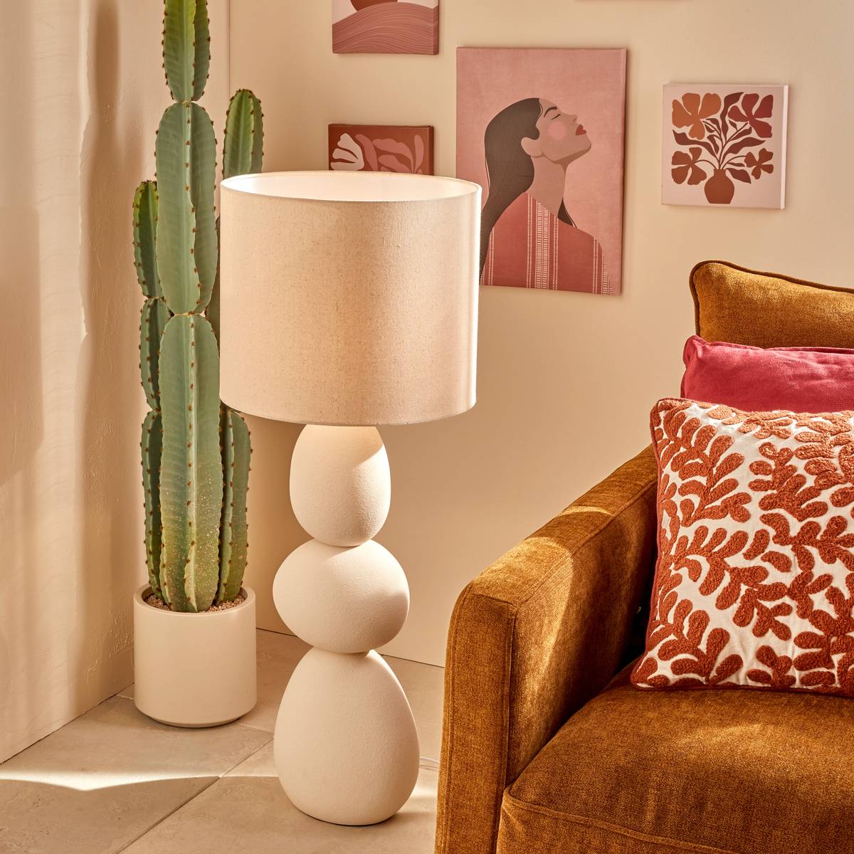 Lampadaire grès abat-jour tissu ALITHA beige, ATMOSPHERA