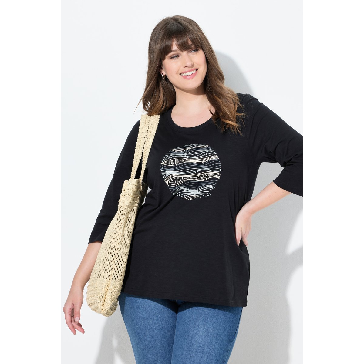 T-shirt à col rond et manches 3/4 noir, ULLA POPKEN