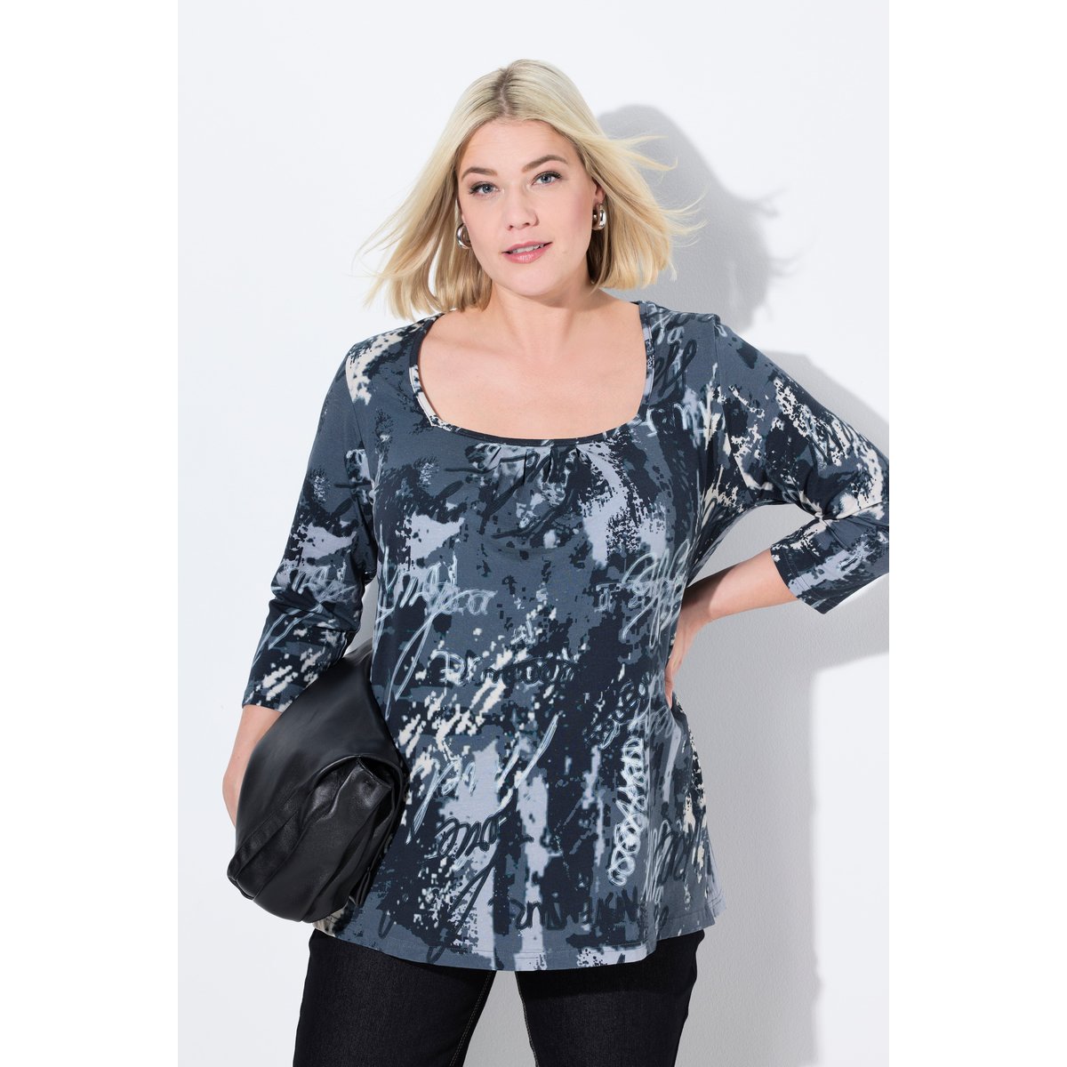 T-shirt avec plis fantaisie noir, ULLA POPKEN