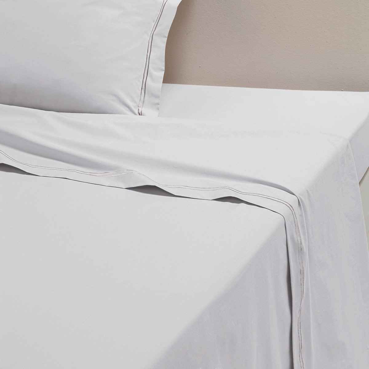 Drap plat, percale pur coton, Palace blanc/bourdon gris clair, LA REDOUTE INTERIEURS