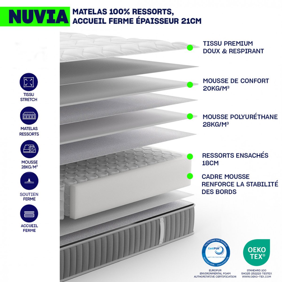 Matelas 100% ressorts, accueil ferme, épaisseur 21cm- NUVIA couleur unique, DRAWER