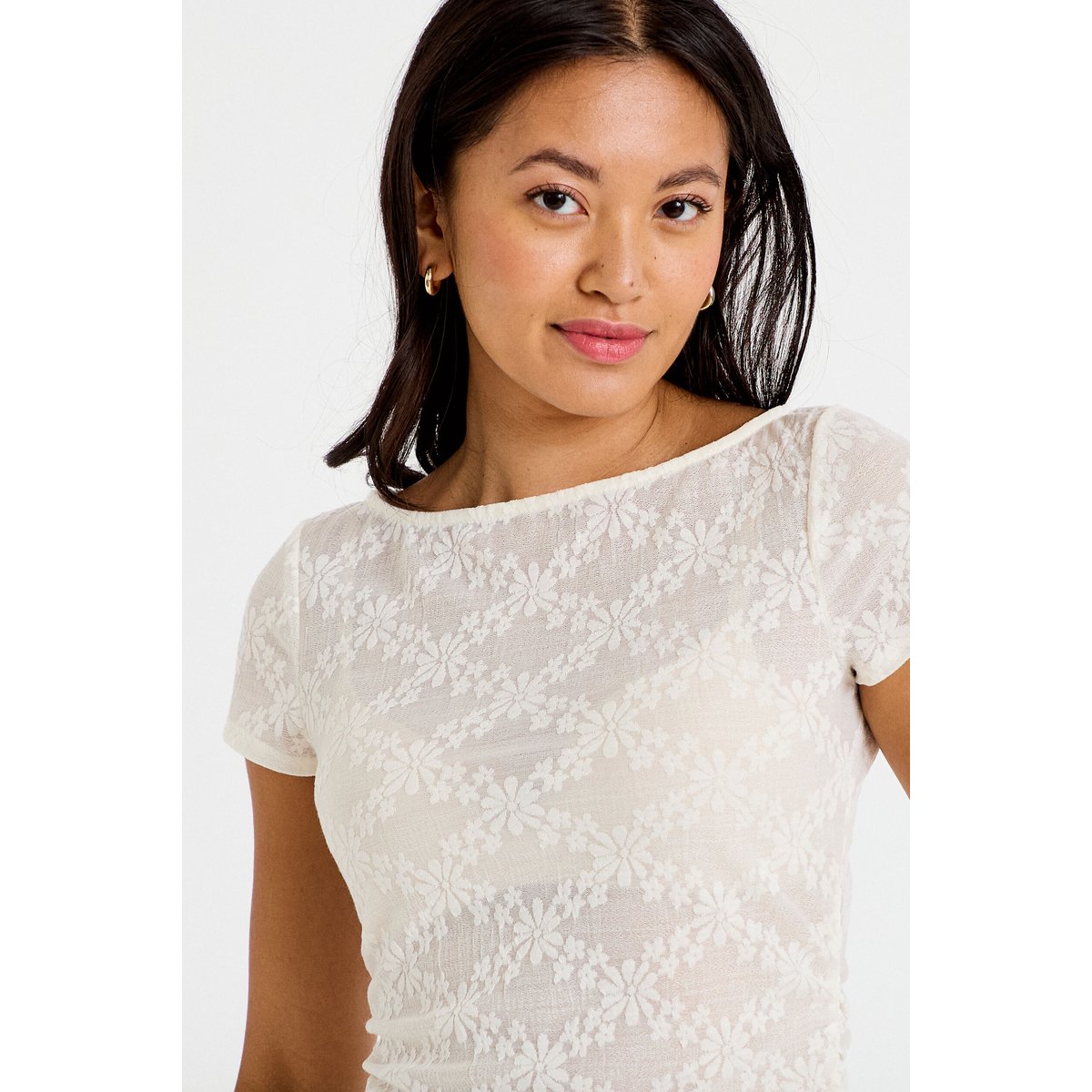 T-shirt ajusté dentelle col bateau ecru, CACHE CACHE