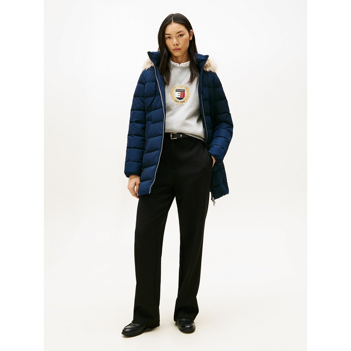 Manteau doudoune mi-long à capuche marine, TOMMY HILFIGER