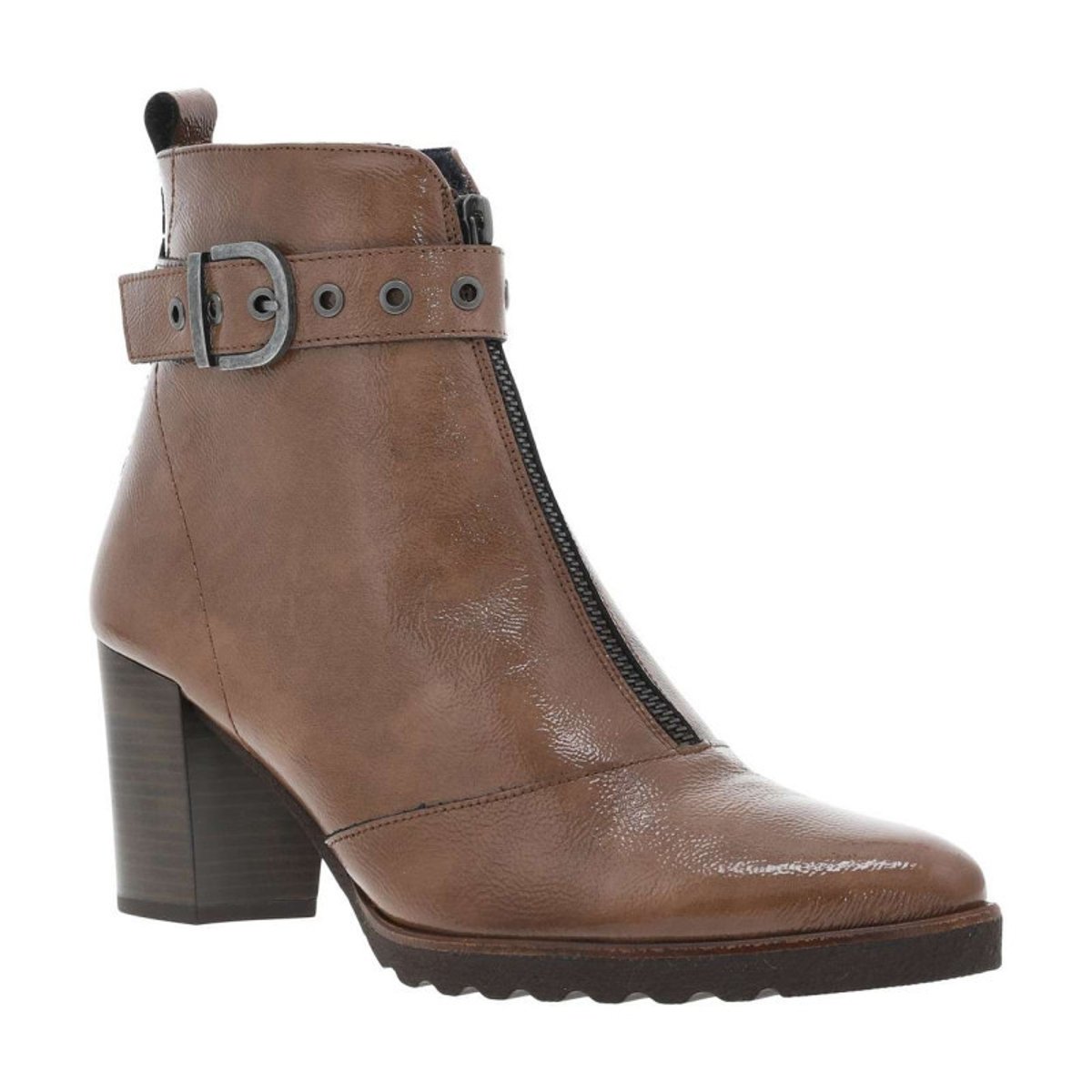 Boots en cuir taupe à semelle à talon décroché haut avec deux fermetures taupe, DORKING