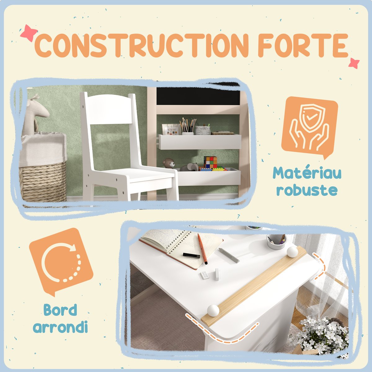 Ensemble table et chaises pour enfants MDF blanc et marron, AIYAPLAY