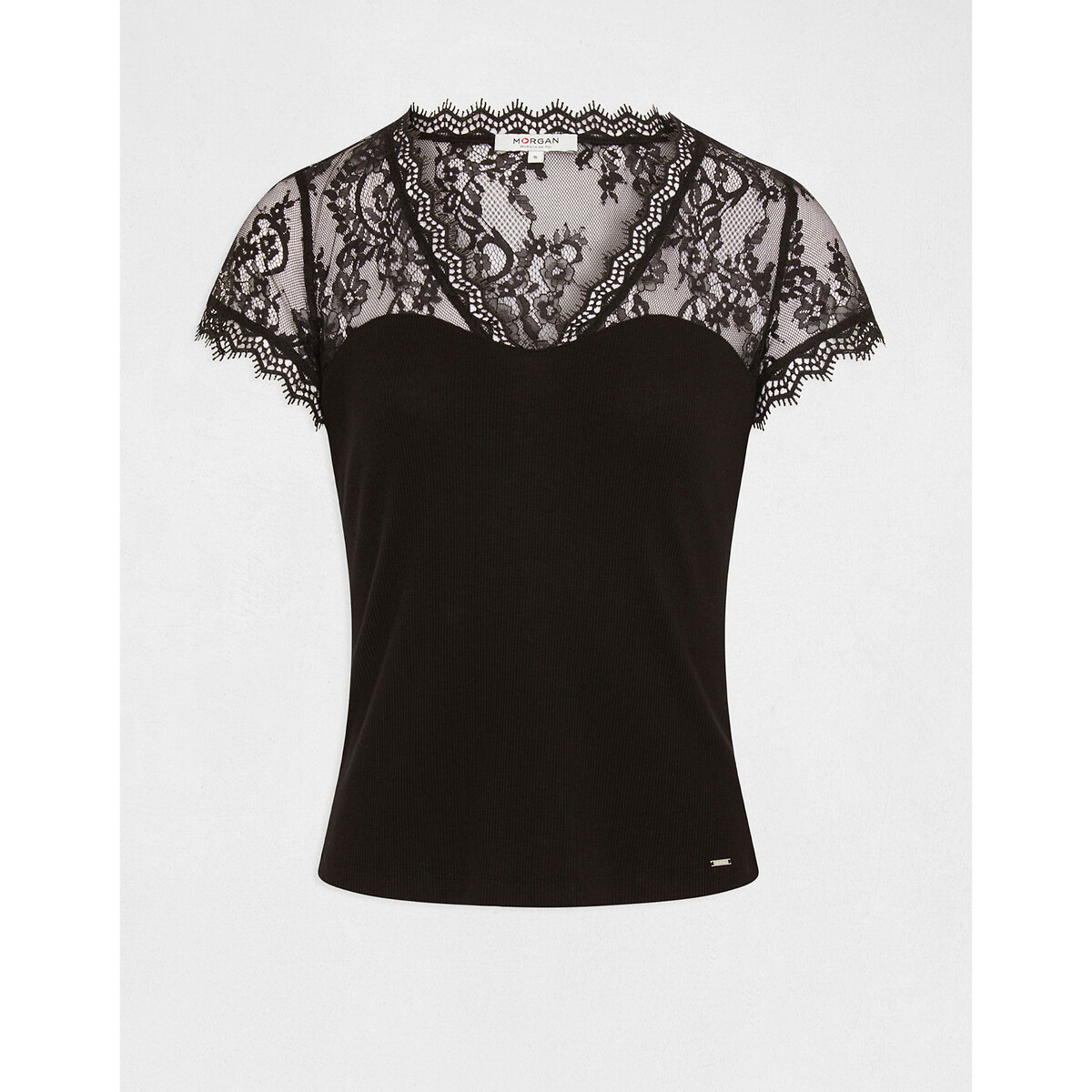 T-shirt a maniche corte con spalle in pizzo nero , MORGAN