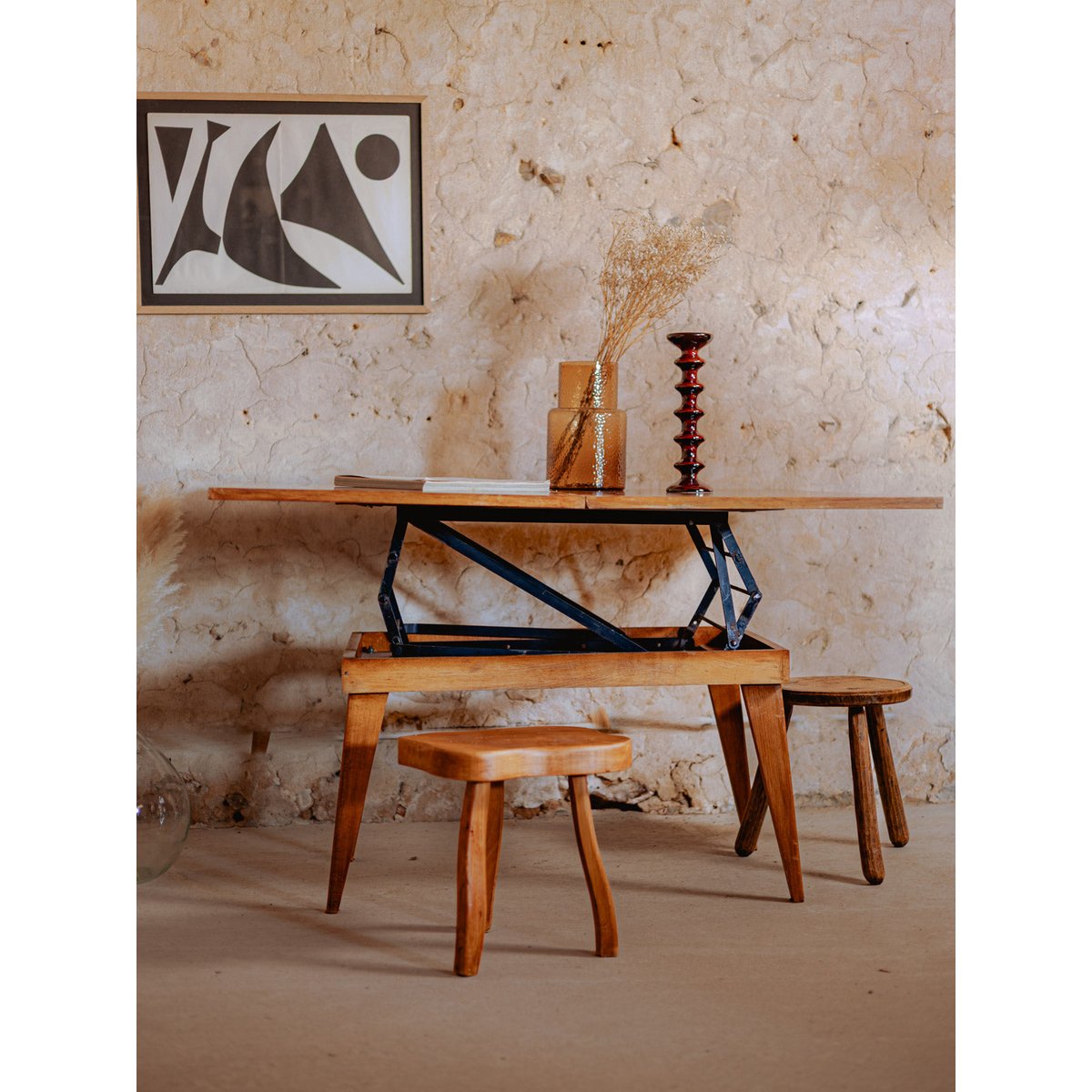 Table basse à système en bois Léonie N°837 - Bon état bois foncé, DEBONGOUT
