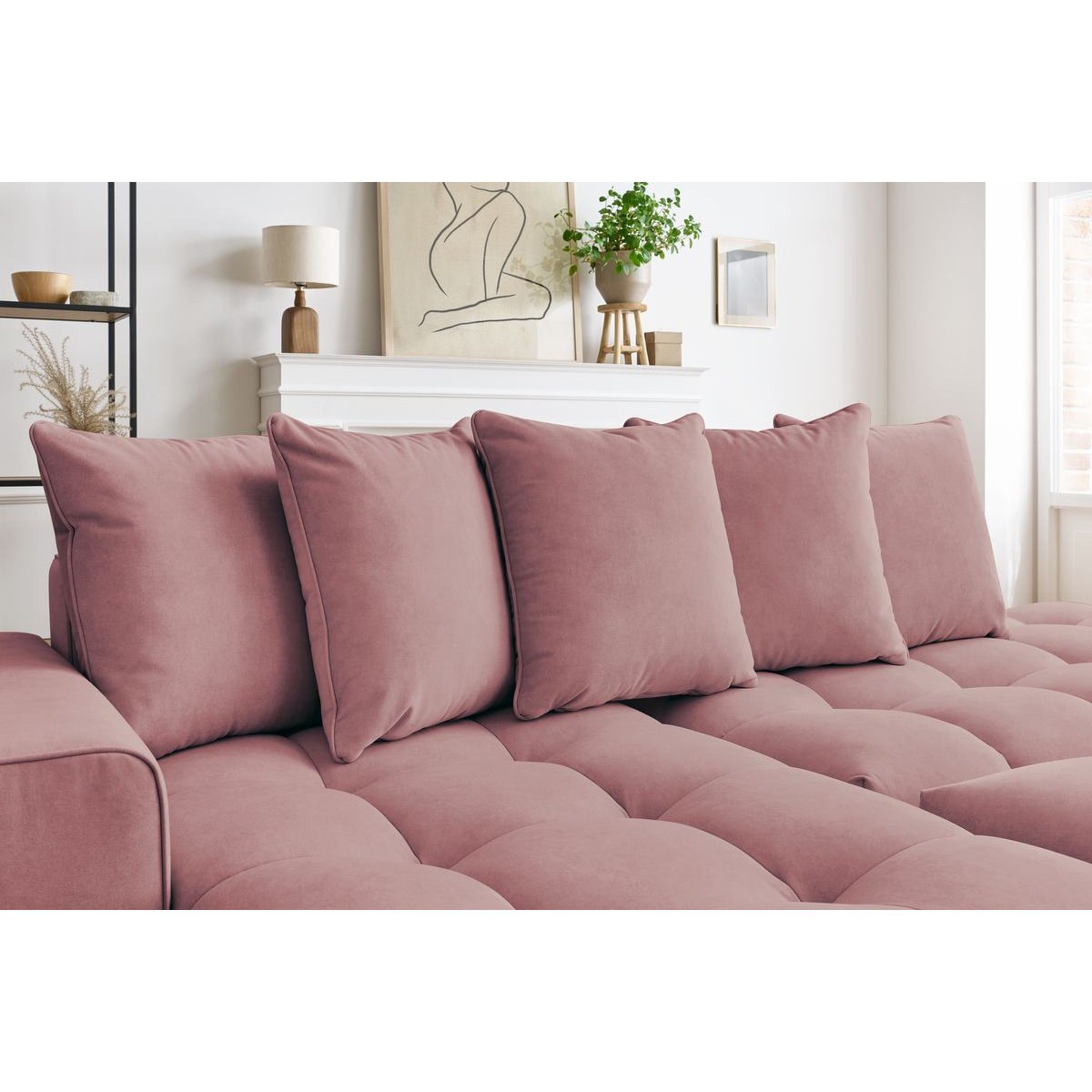 Canapé d'angle fixe 4 places en velours avec pouf, MONT-BLANC rose, BOBOCHIC