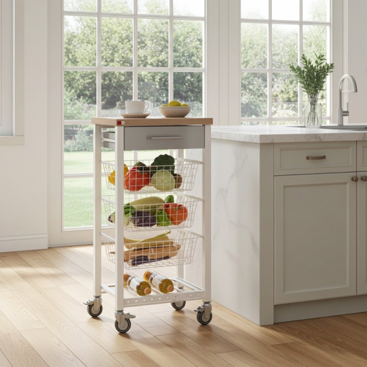 Desserte de cuisine ONDA, Plateau décor bois orme, façade du tiroir en inox et 3 paniers de rangement blanc, DON HIERRO