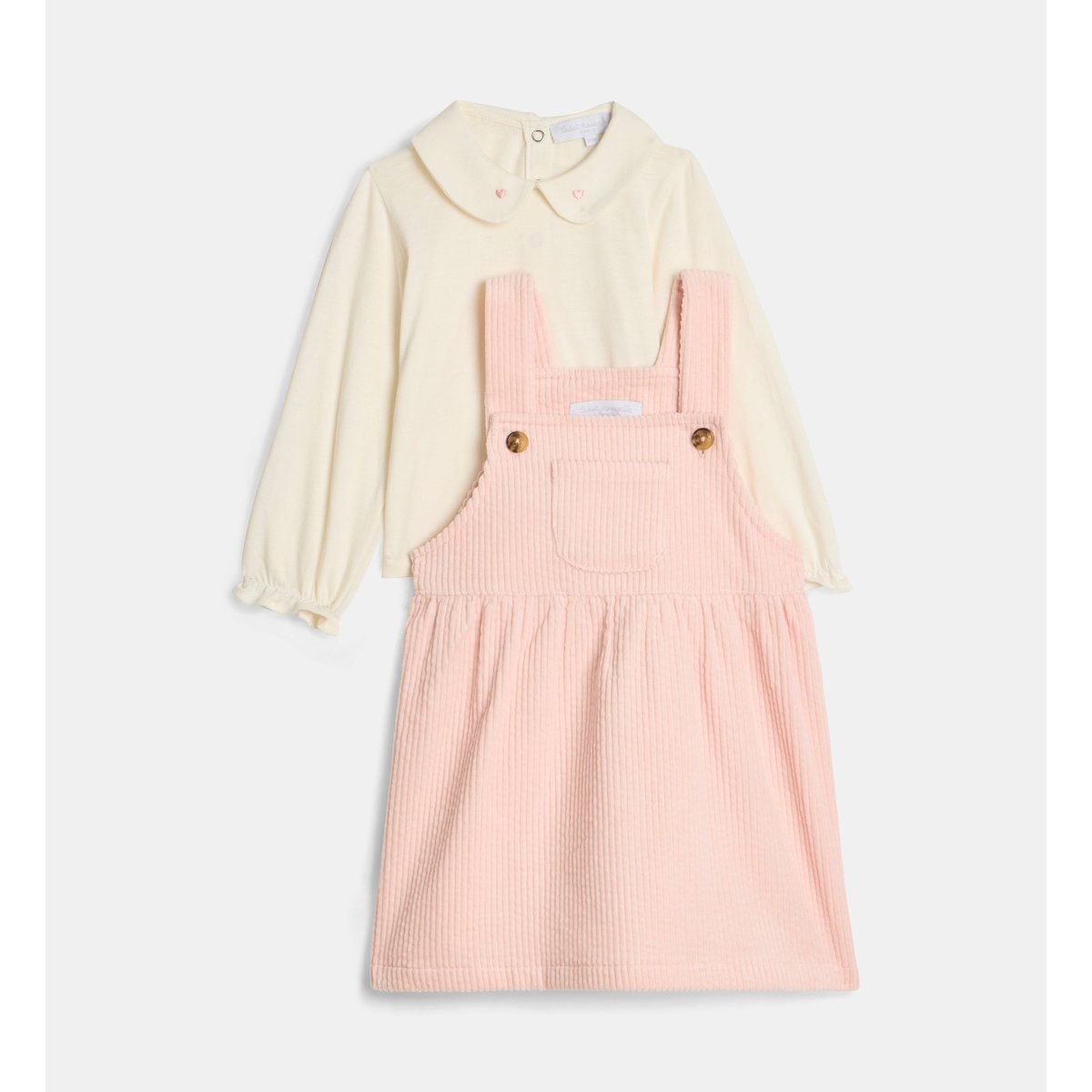 Ensemble robe salopette et polo tathenais velours coton bio rose pâle, CADET ROUSSELLE