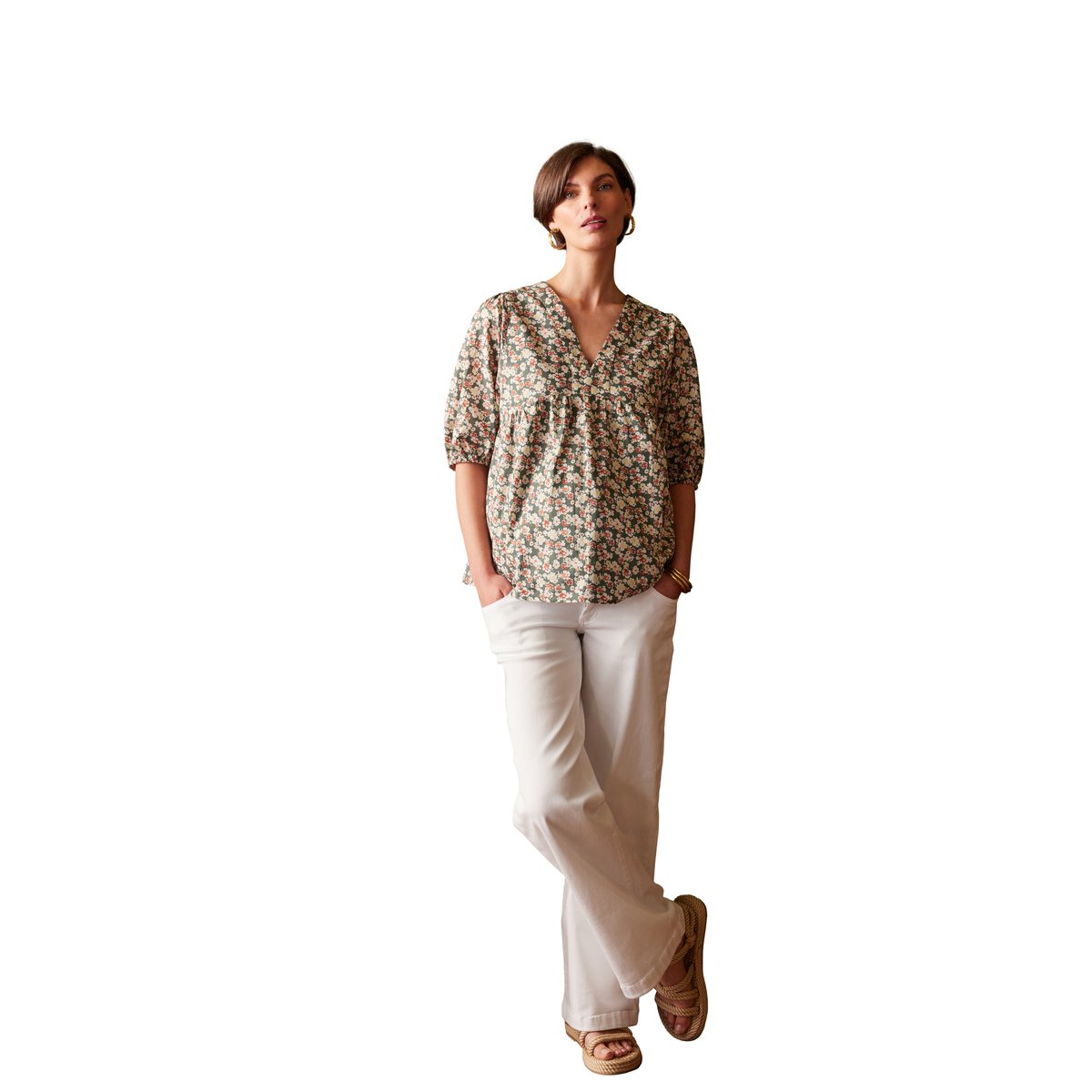 Blouse de grossesse imprimée fleurs vert sauge, ENVIE DE FRAISE