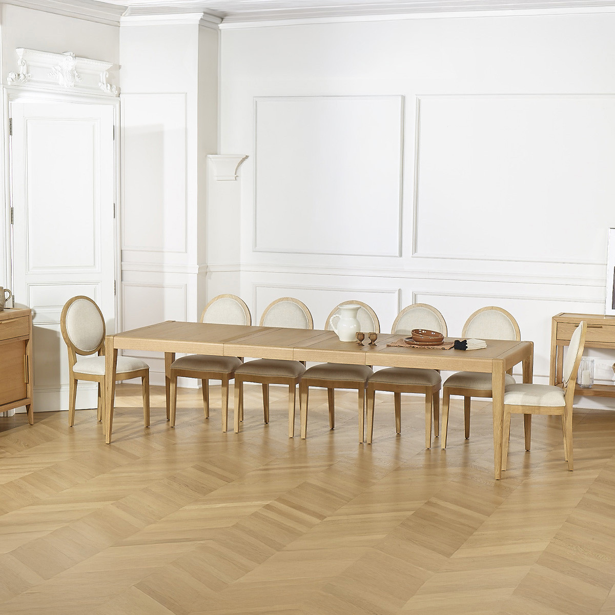 Table à manger aux angles arrondis 12 couverts en chêne, 280 x 100 cm TENNESSEE beige, ROBIN DES BOIS