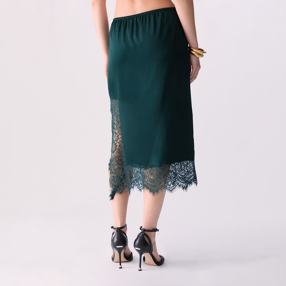 Jupe mi-longue en satin avec dentelle valencienne vert foncé, LIU JO