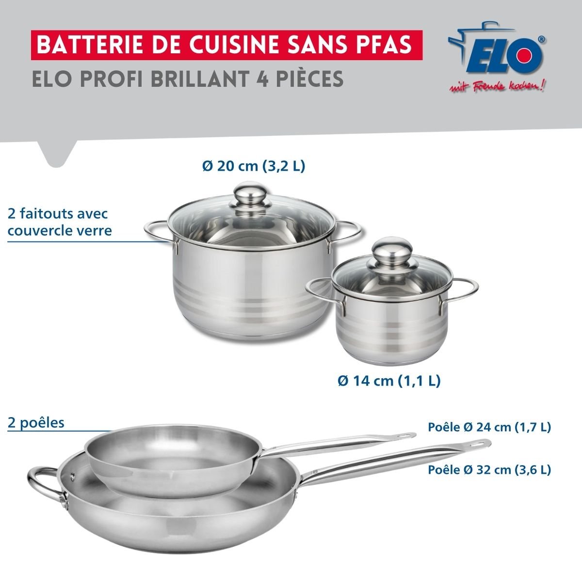 Batterie 2 poêles 24/32cm + 2 faitouts 14/20cm PROFI BRILLANT gris, ELO