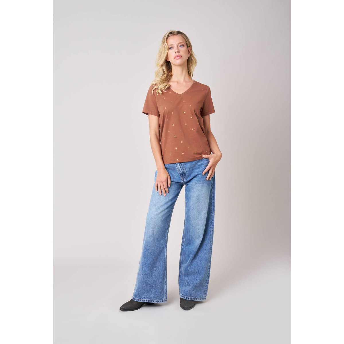 T-shirt regular femme en coton stretch imprimé étoiles FLORIA whisky, DEELUXE