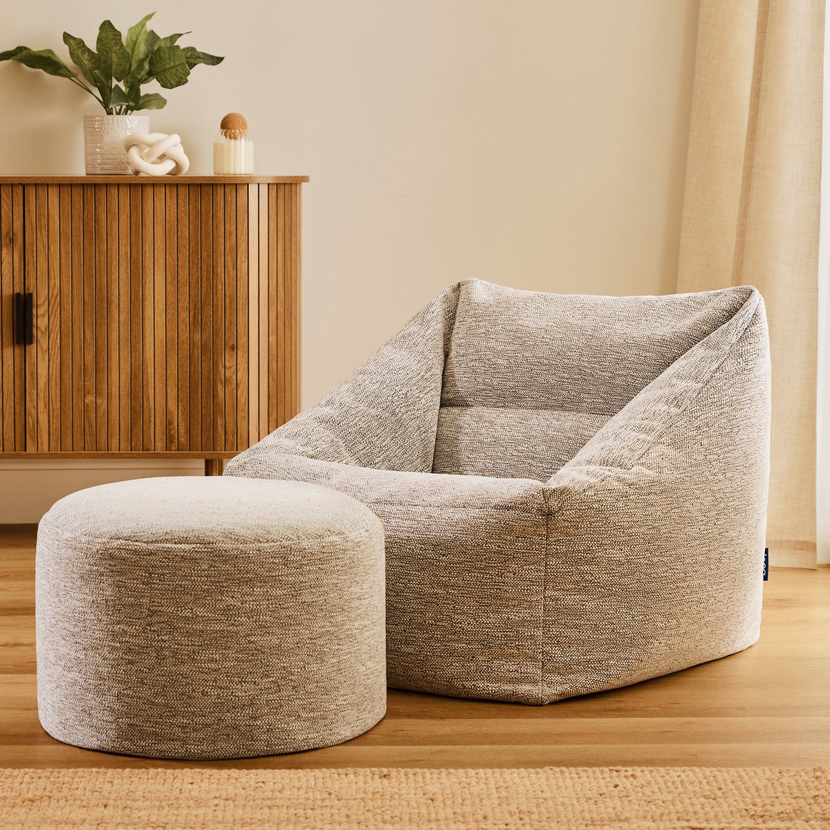 Pouf fauteuil salon et son repose-pied rond en tissu tissé Oeko-Tex® - NATALIA naturel beige, ICON