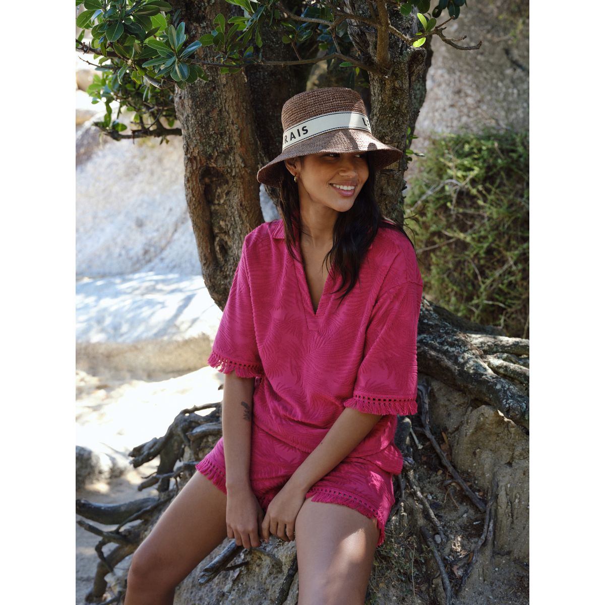 Short d’été en éponge jacquard avec franges rose magenta, NEXT
