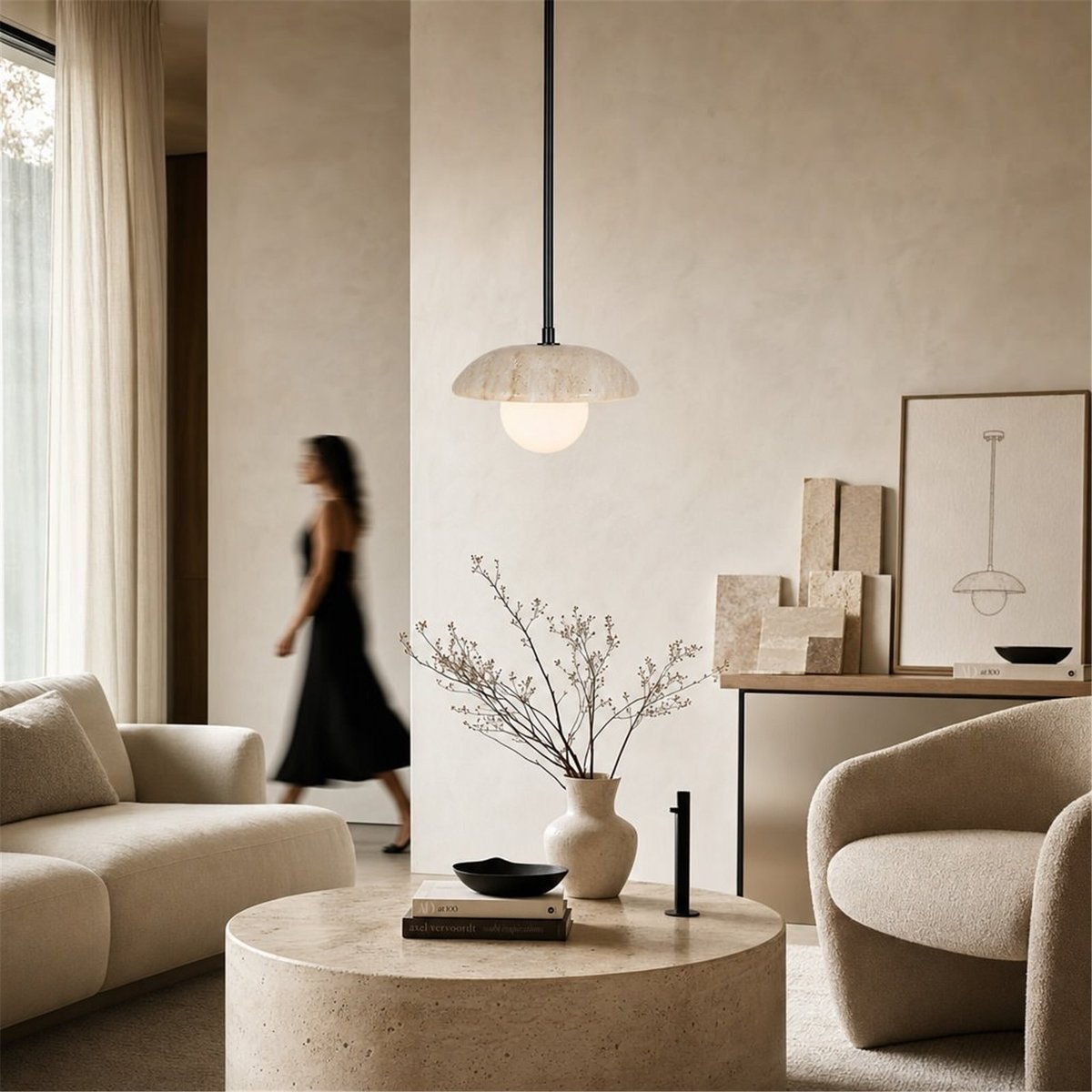 Lampe d'architecte en marbre travertin noir et crème, RECOLLECTION