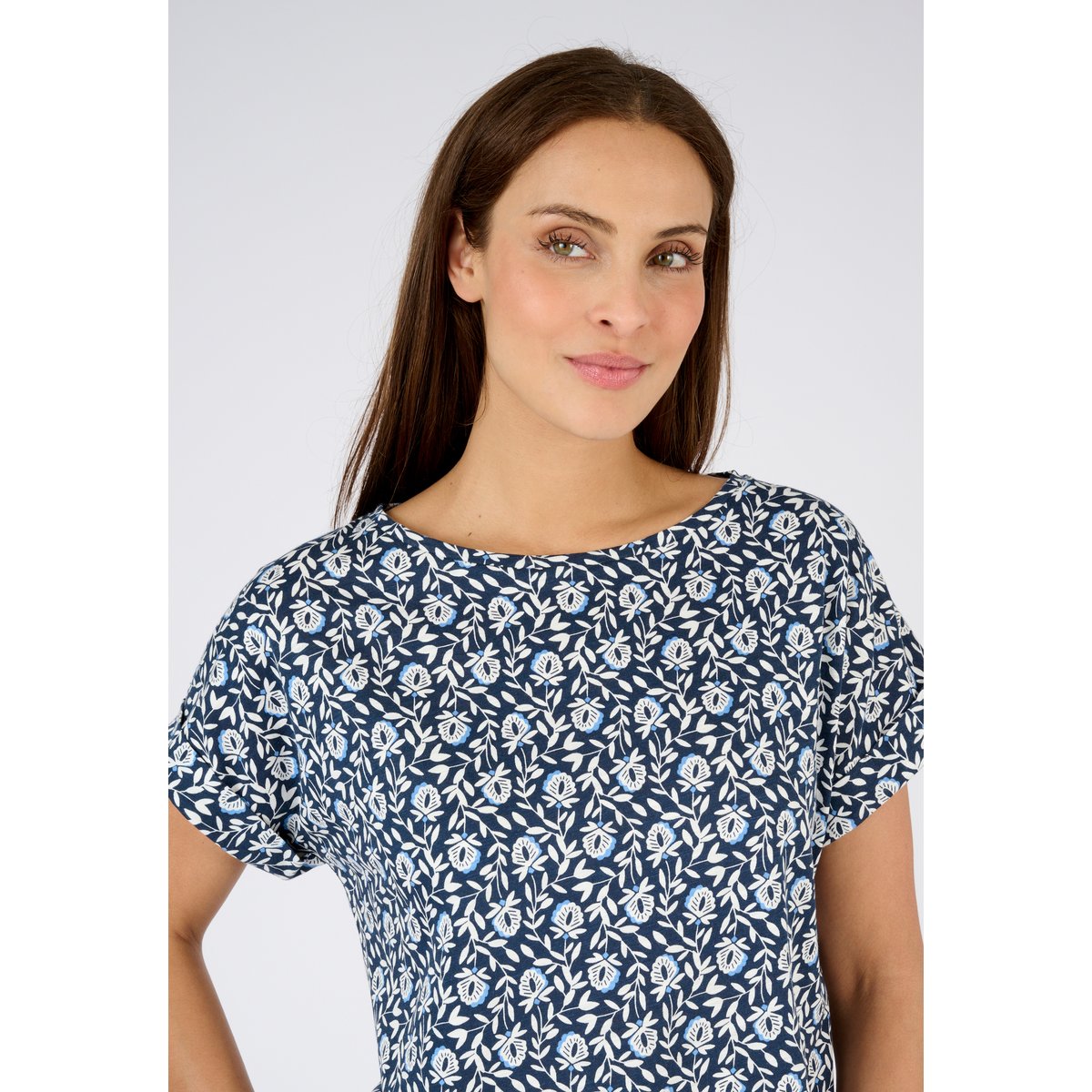 T-shirt flammé imprimé végétal bleu marine feuillage, DAMART
