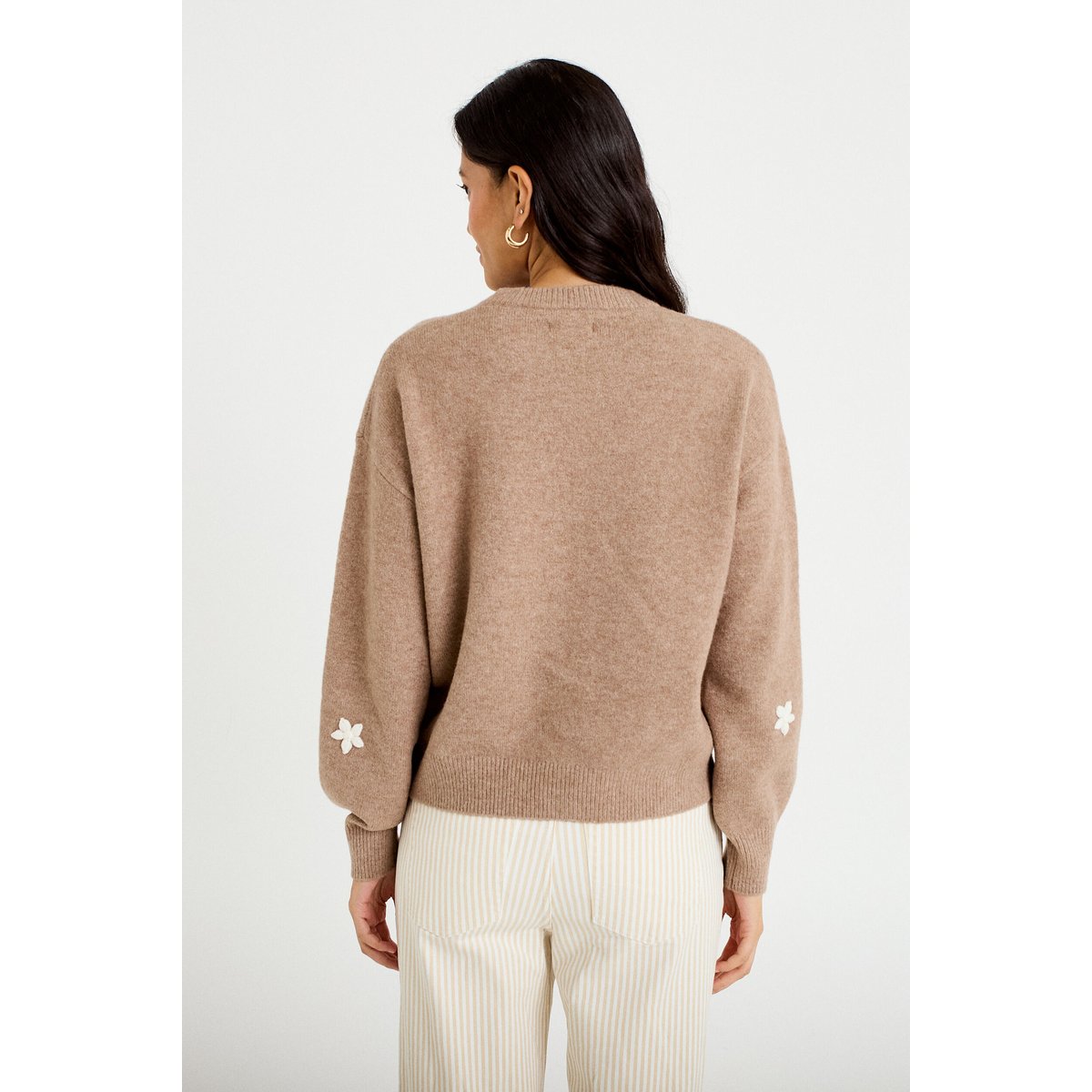 Pull oversize brodé manches longues beige, CACHE CACHE